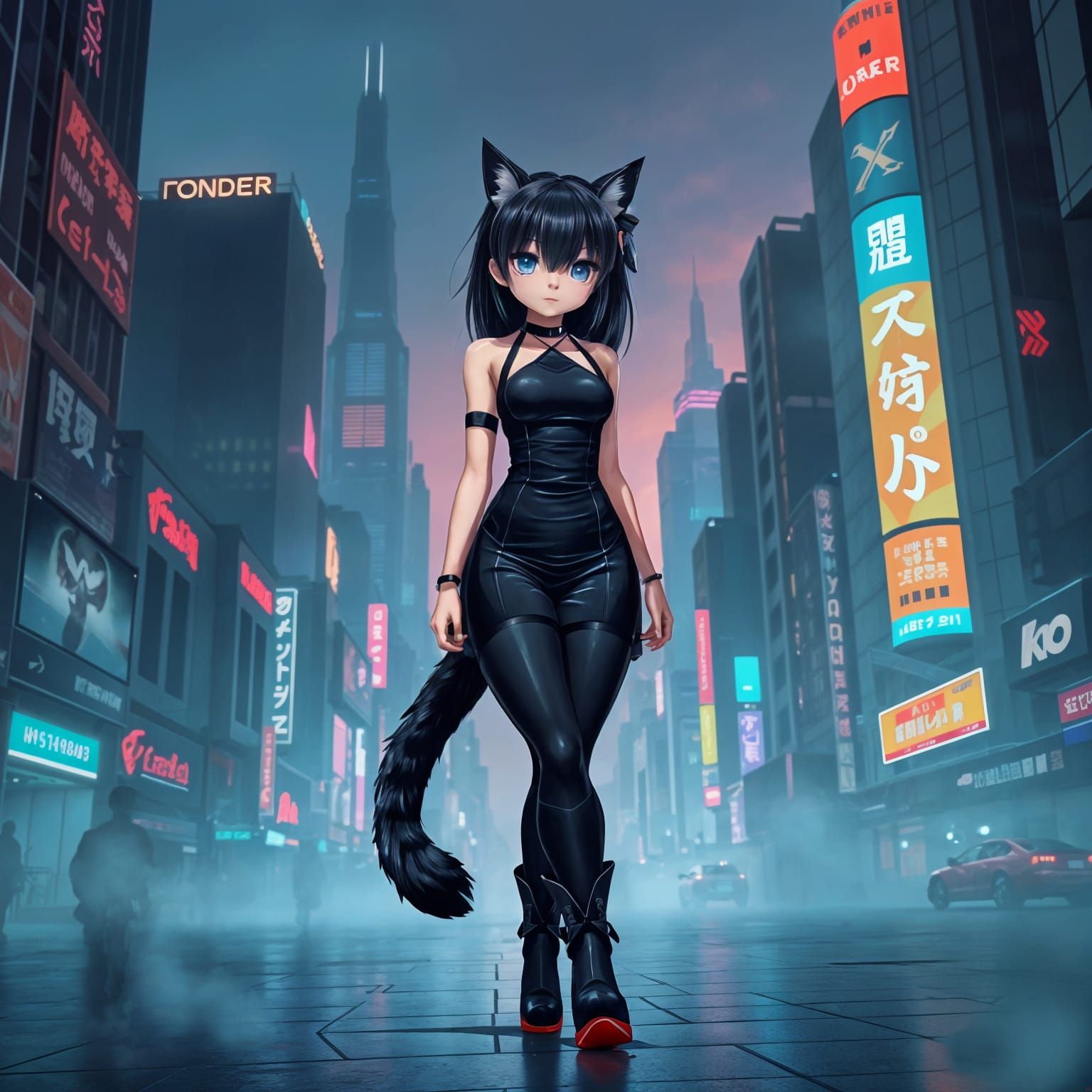 Cyberpunk Catgirl Strolls Through Futuristic City Streets