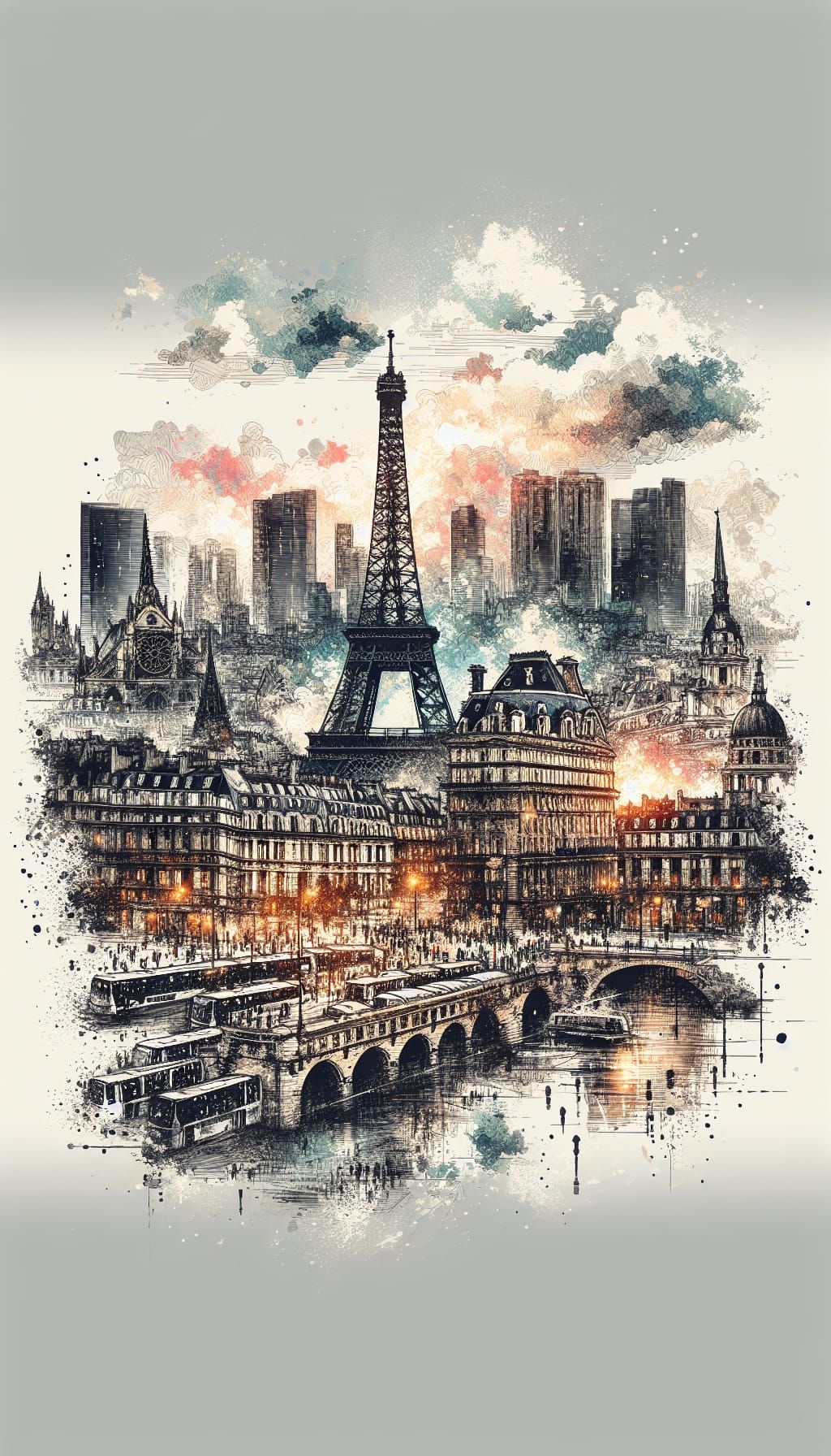 Paris Landmarks Double Exposure in Impressionist Style