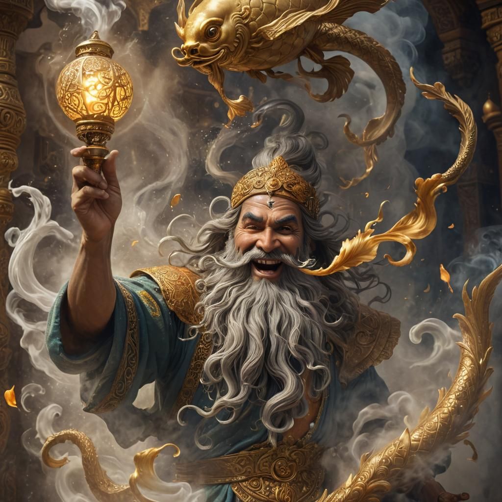 Genie Emerging from Golden Lantern, Fantasy Art