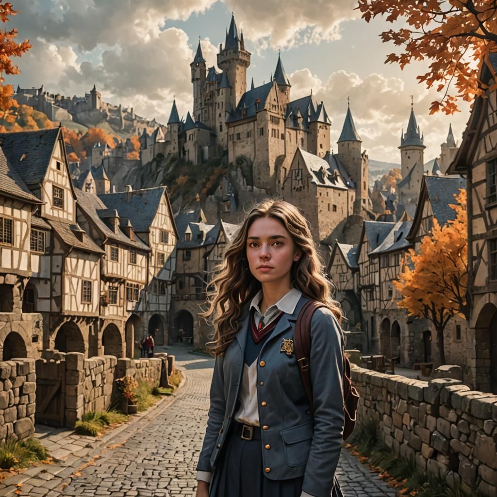 Distressed Student in Medieval Village with Castle