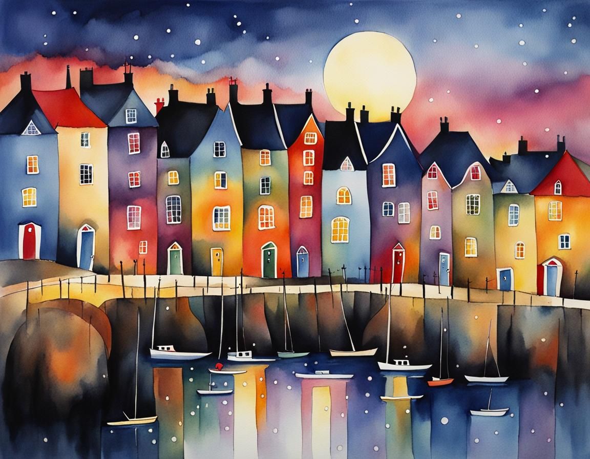 Watercolor Twilight Over Whimsical Seaside Village