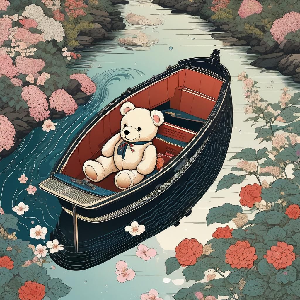 Teddy Bear in Boat: Ukiyo-e Japanese Print