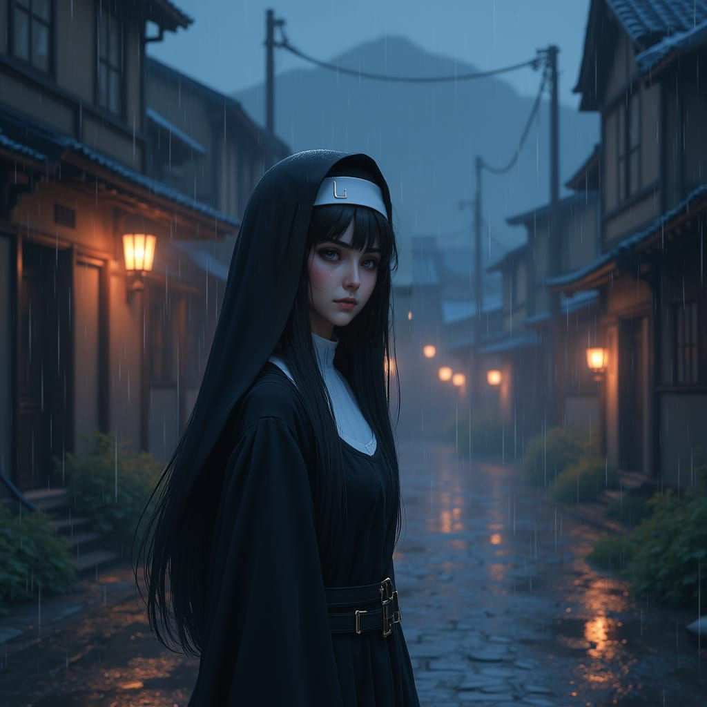 Young Nun in a Rainy Cursed Town at Night