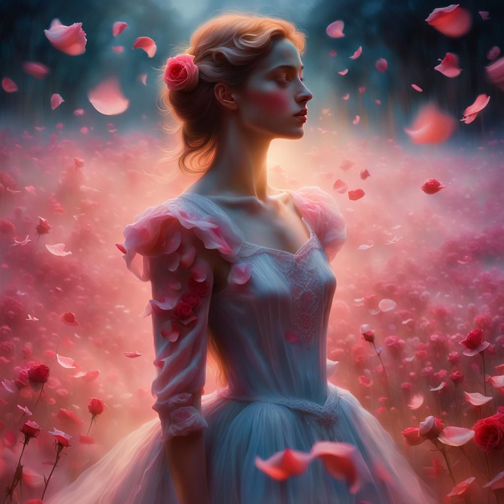Rose Petal Woman in Moonlit Field: Surreal Impressionism