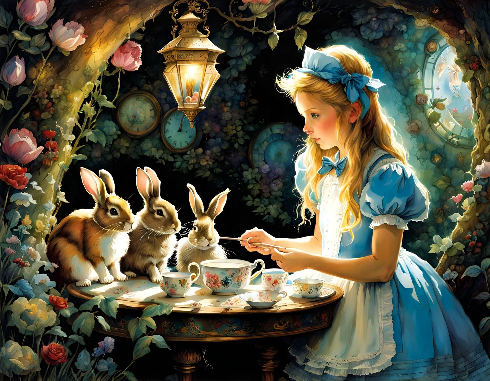 Alice Shrinks: A Wonderland Watercolor in Waterhouse Style