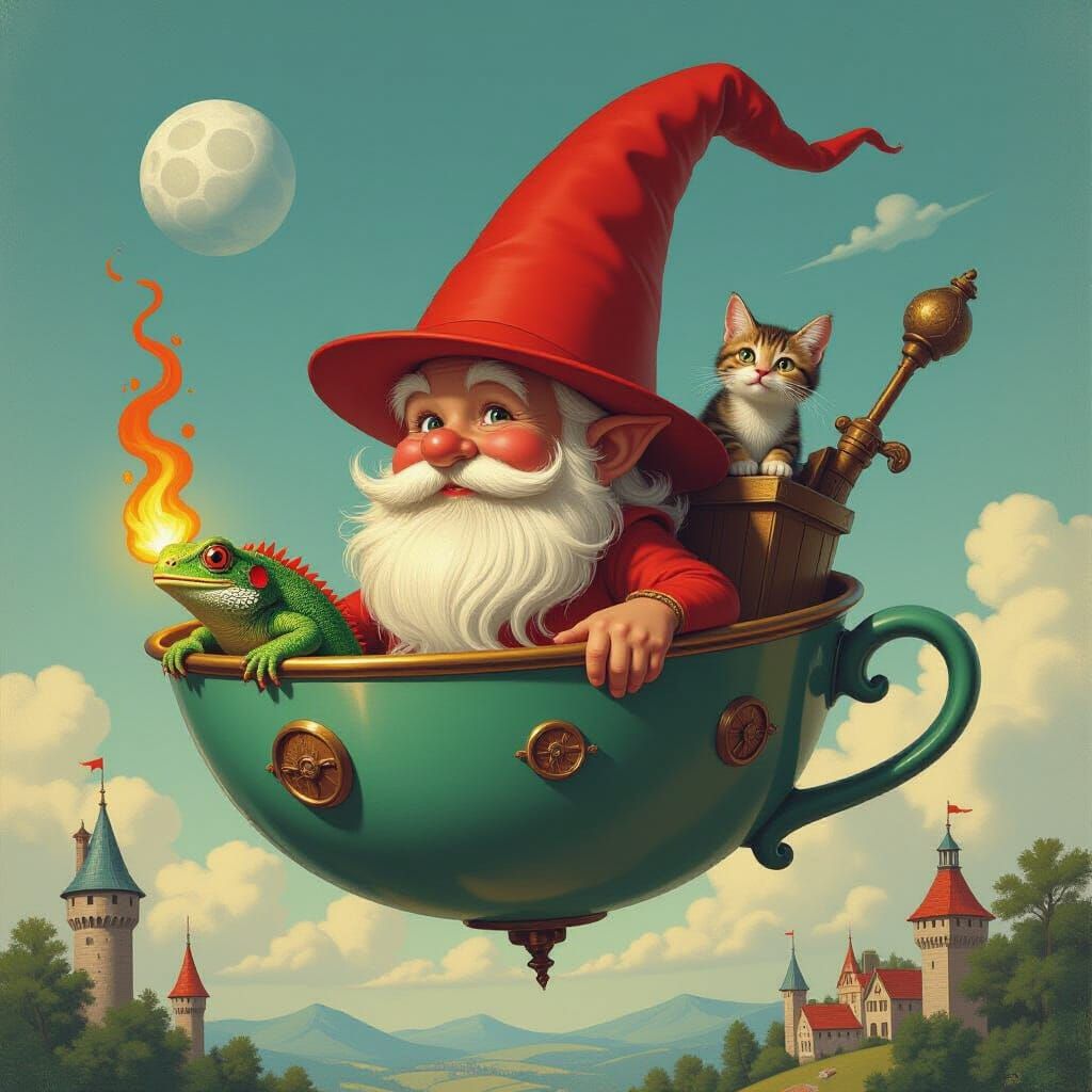 Goblin in Spaceship with Five-Headed Lizard