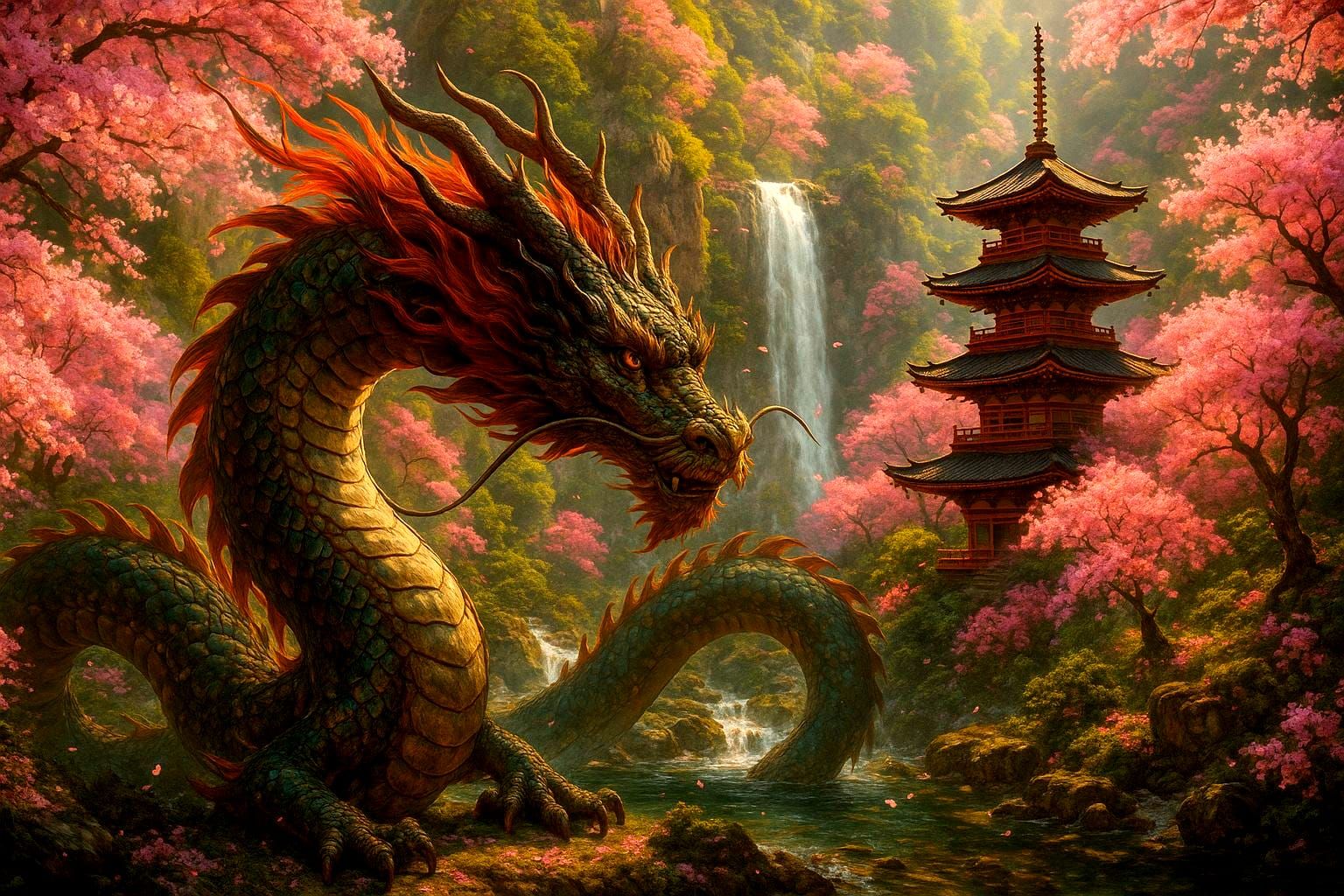 Majestic Japanese Dragon in Cherry Blossom Valley