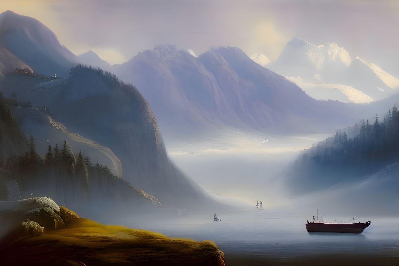 Ships Sailing Through Misty Mountain Peaks