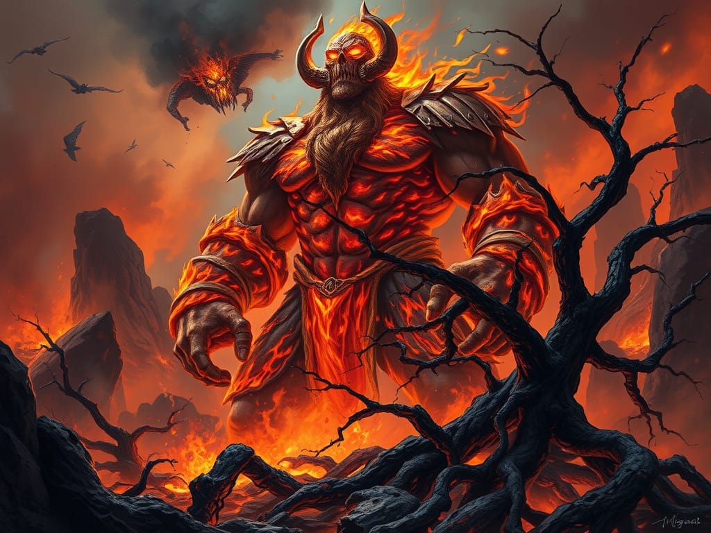Mighty Fire Giant Surtr in Apocalyptic Landscape