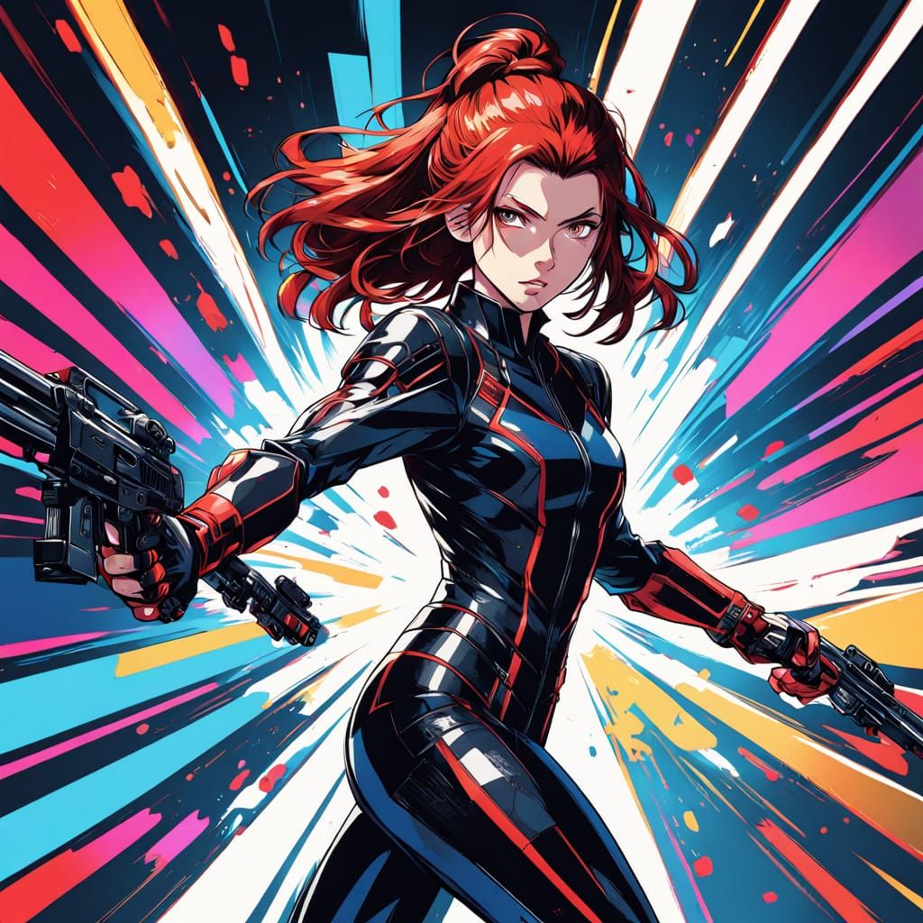 Surreal Black Widow in Pointe Shoes, Guns, and Anime Splendo...