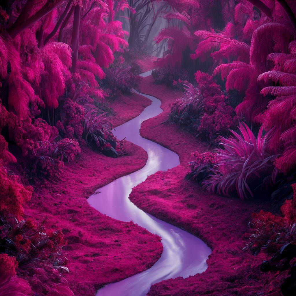 Pink and Purple Tropical Forest Photograph in HDR