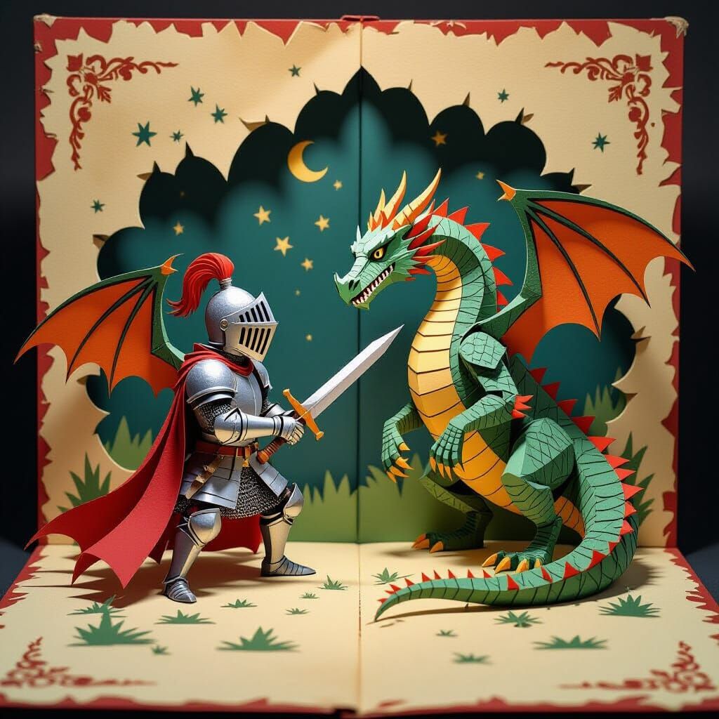 Knight Fights Dragon in Paper Pop-Up Book Scene