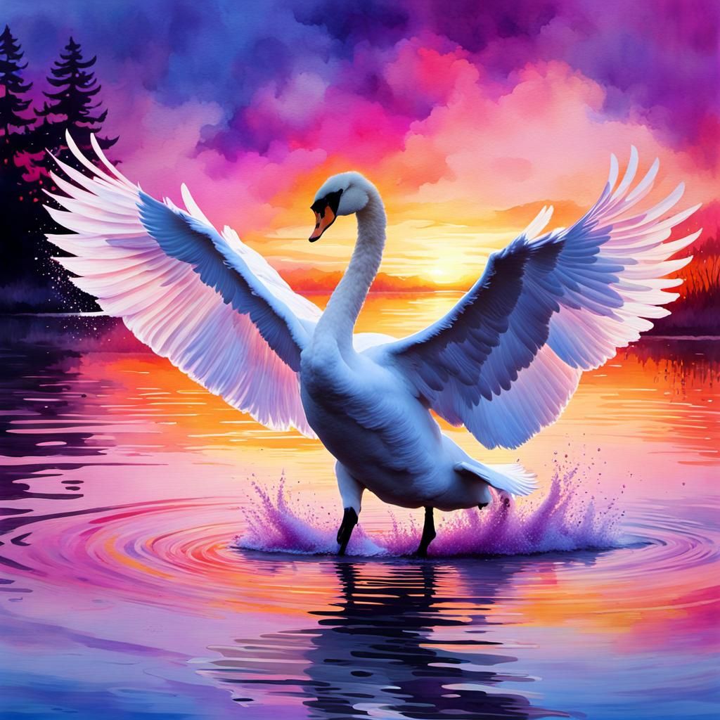 Swan Landing with Watercolor Splash Effects