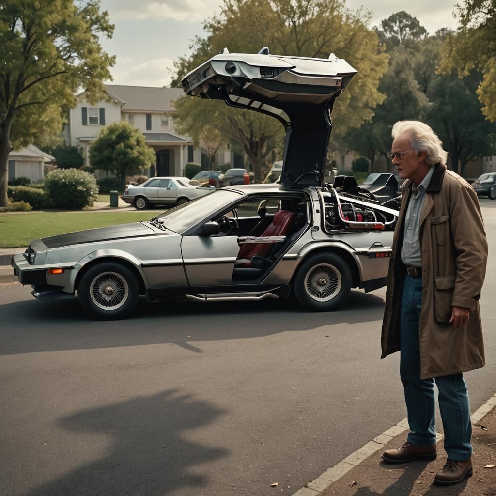Doc Brown and DeLorean Time Machine: Cinematic Still