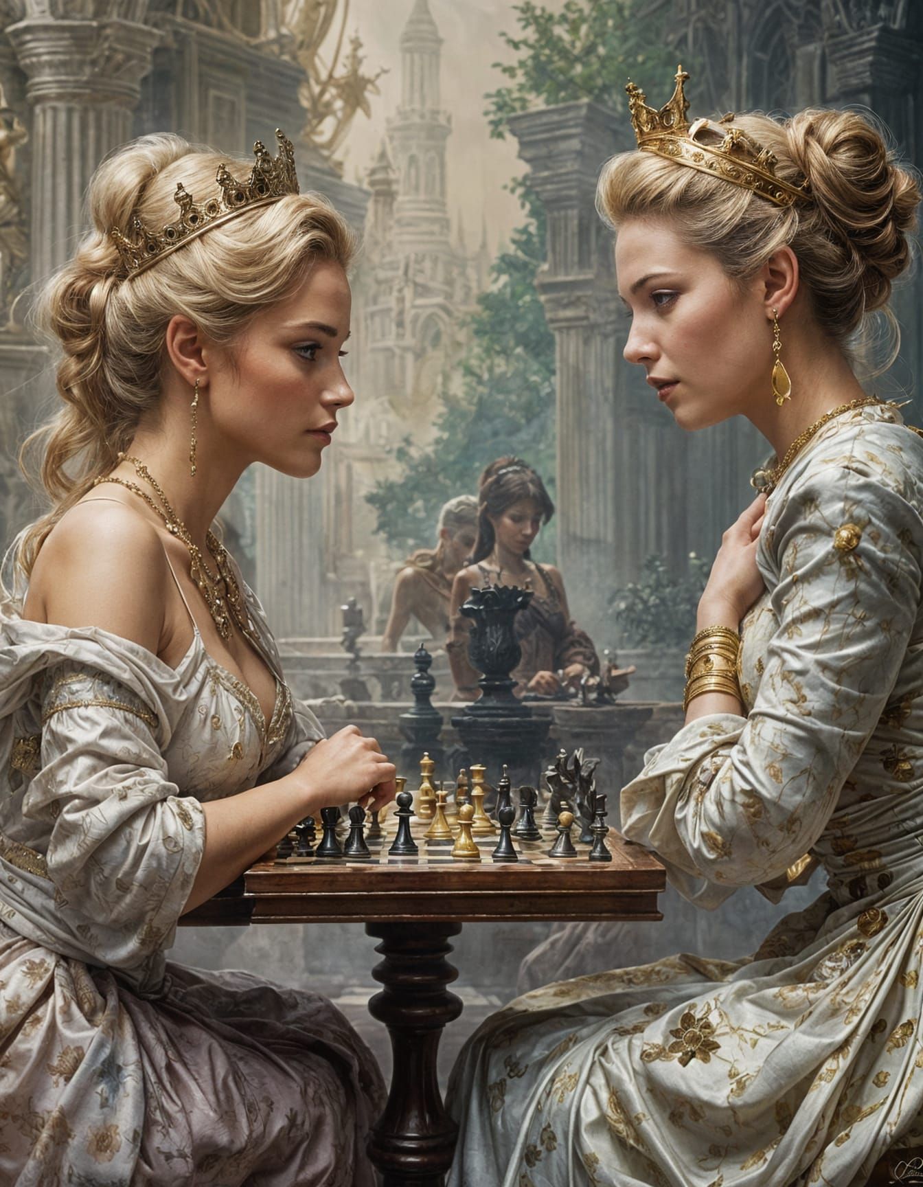 Queens Playing Chess in Detailed Watercolor Style