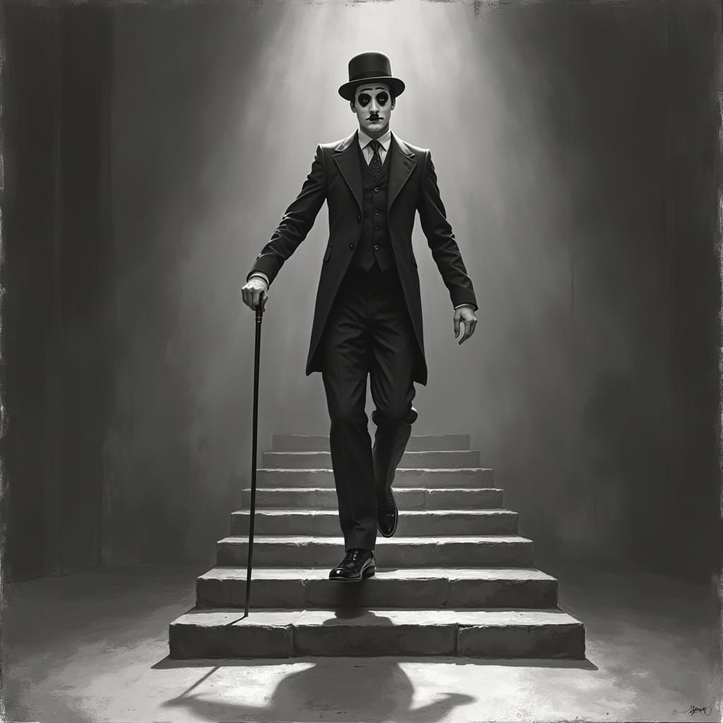 Chaplin Mime Artist Climbing Stairs in Gouache Style