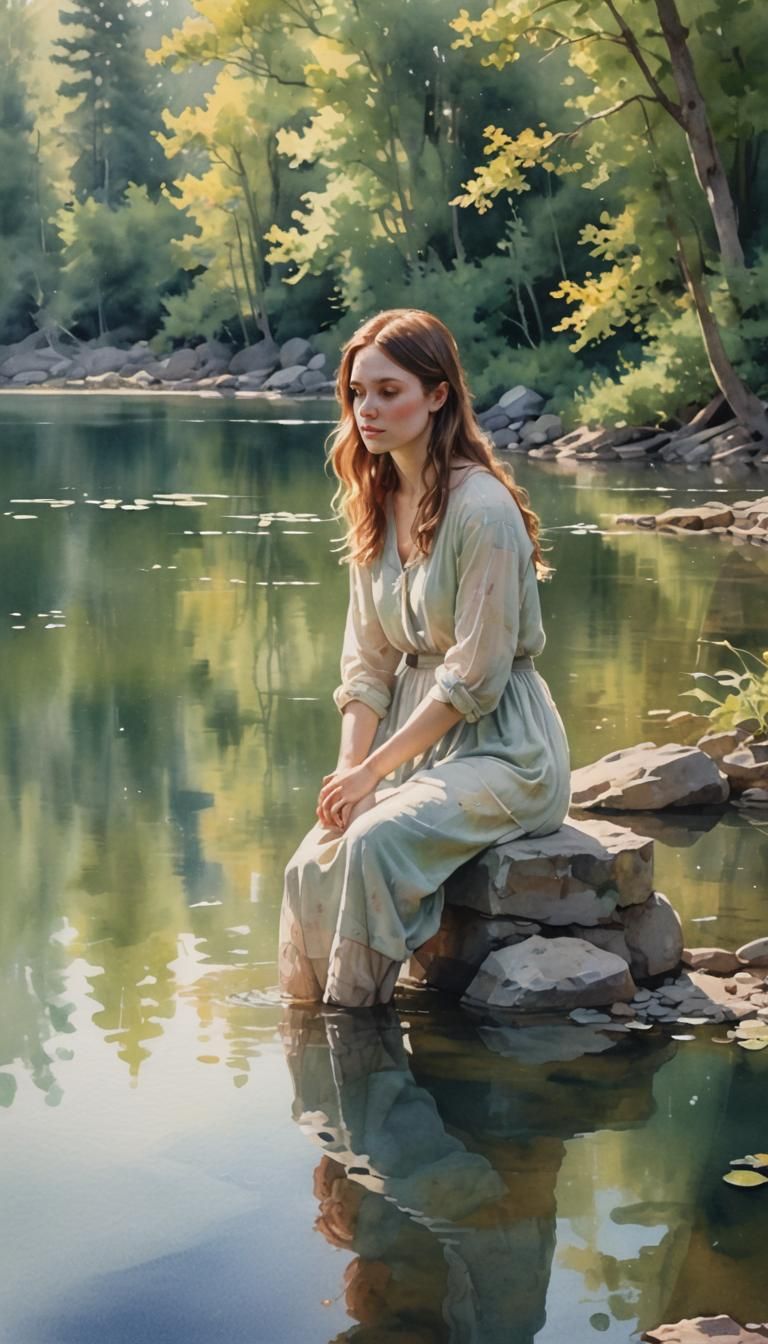 Watercolor Portrait of Claire by a Serene Lake