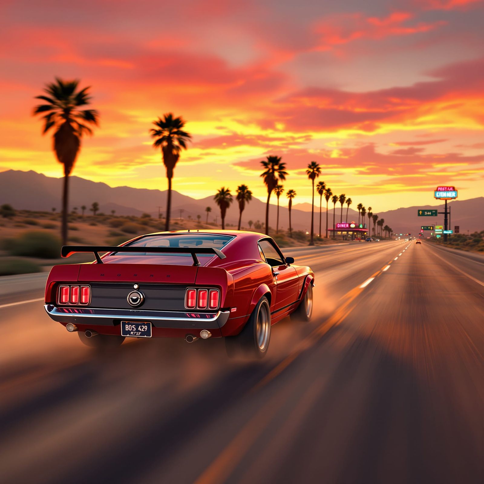 1969 Red Mustang Speeds Down Desert Highway
