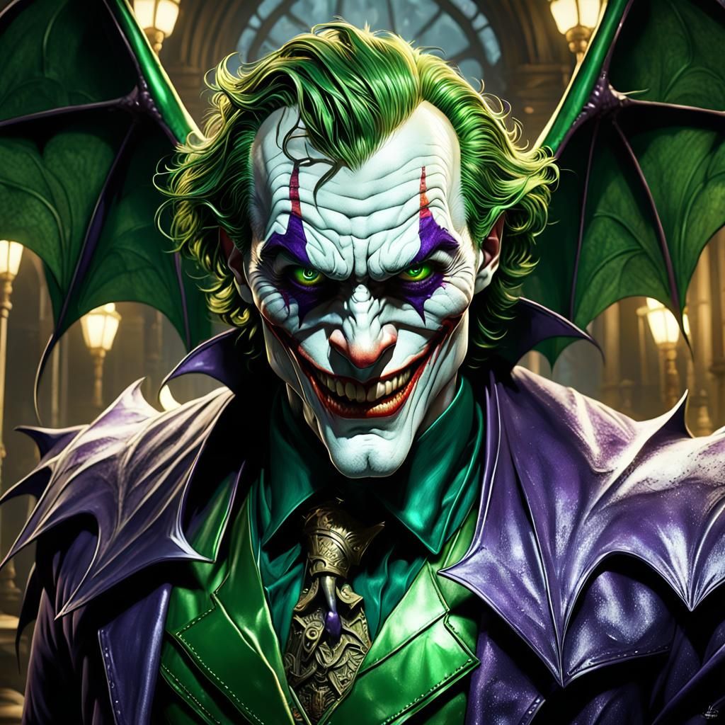 Creepy Green-Eyed Joker with Bat Wings: Dark Fantasy Art