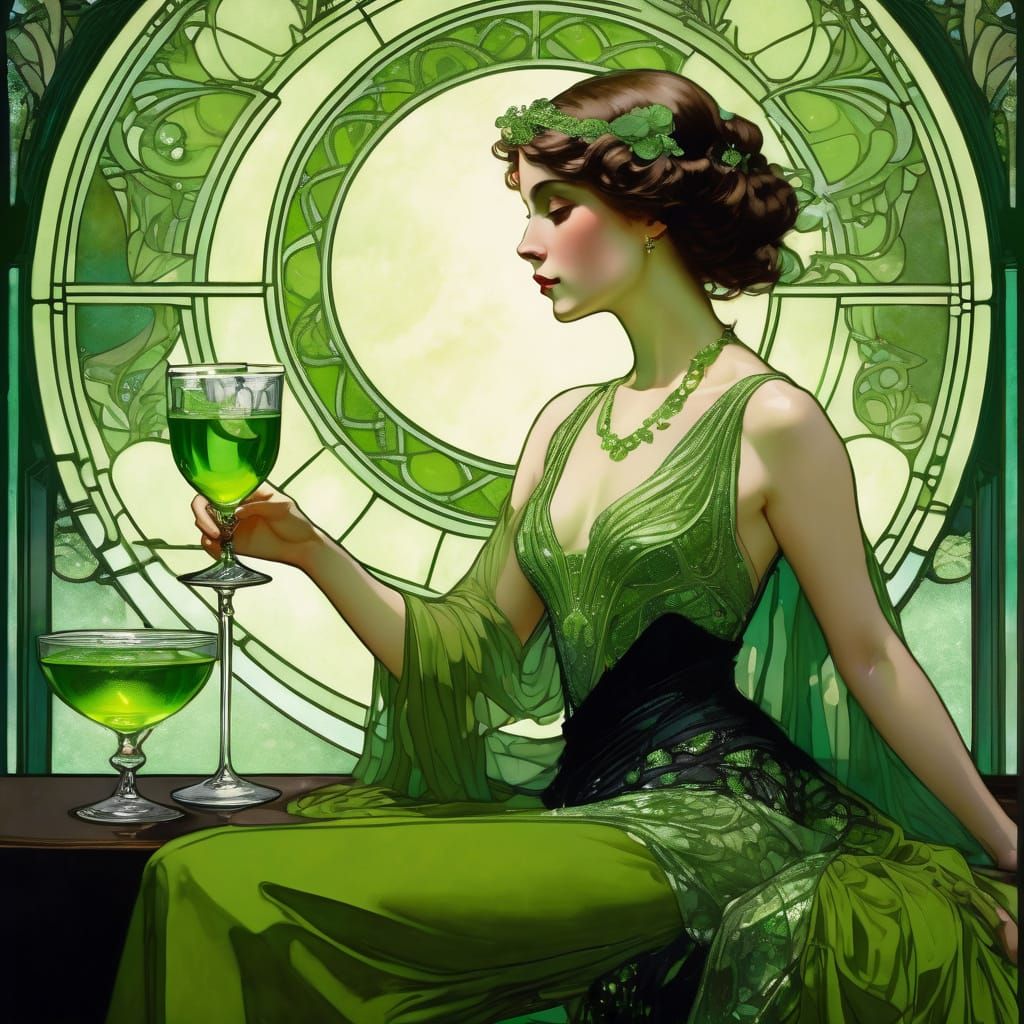 Belle Epoch Woman in Peridot Gown With Absinthe
