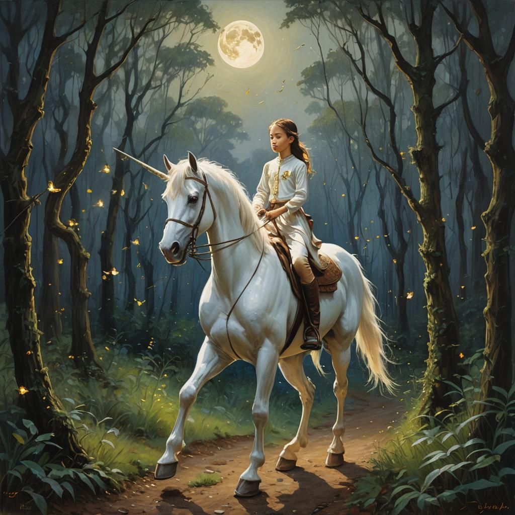Girl on Unicorn in Firefly Forest, Oil Painting