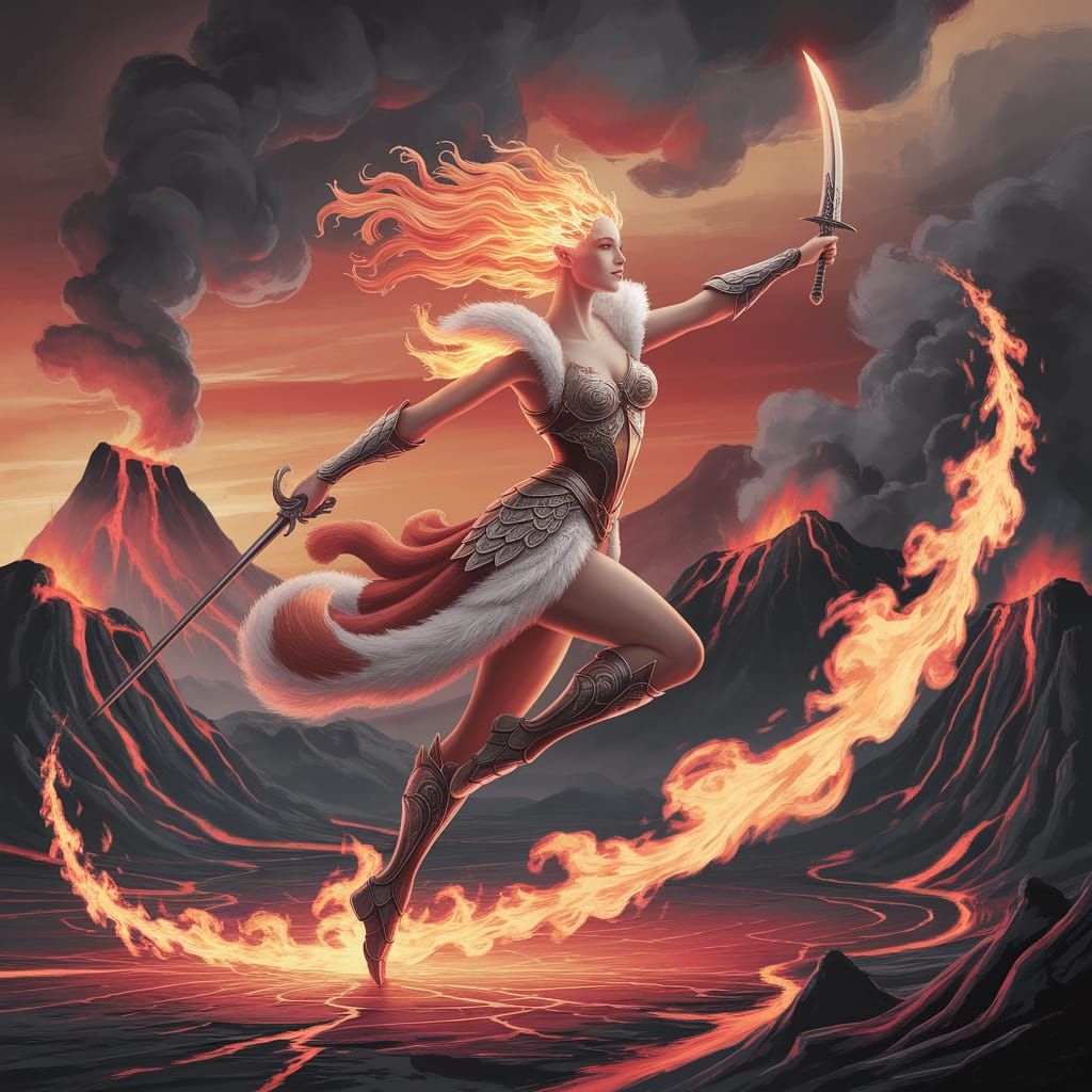 Ethereal Fantasy Maiden Wields Flaming Falchion in Fox Fur A...