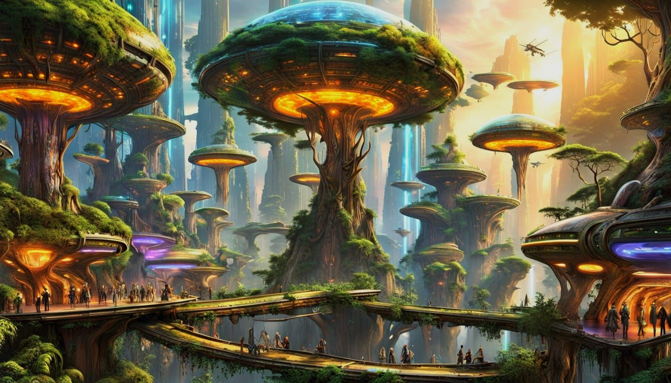 Futuristic Alien Jungle City at Sunset
