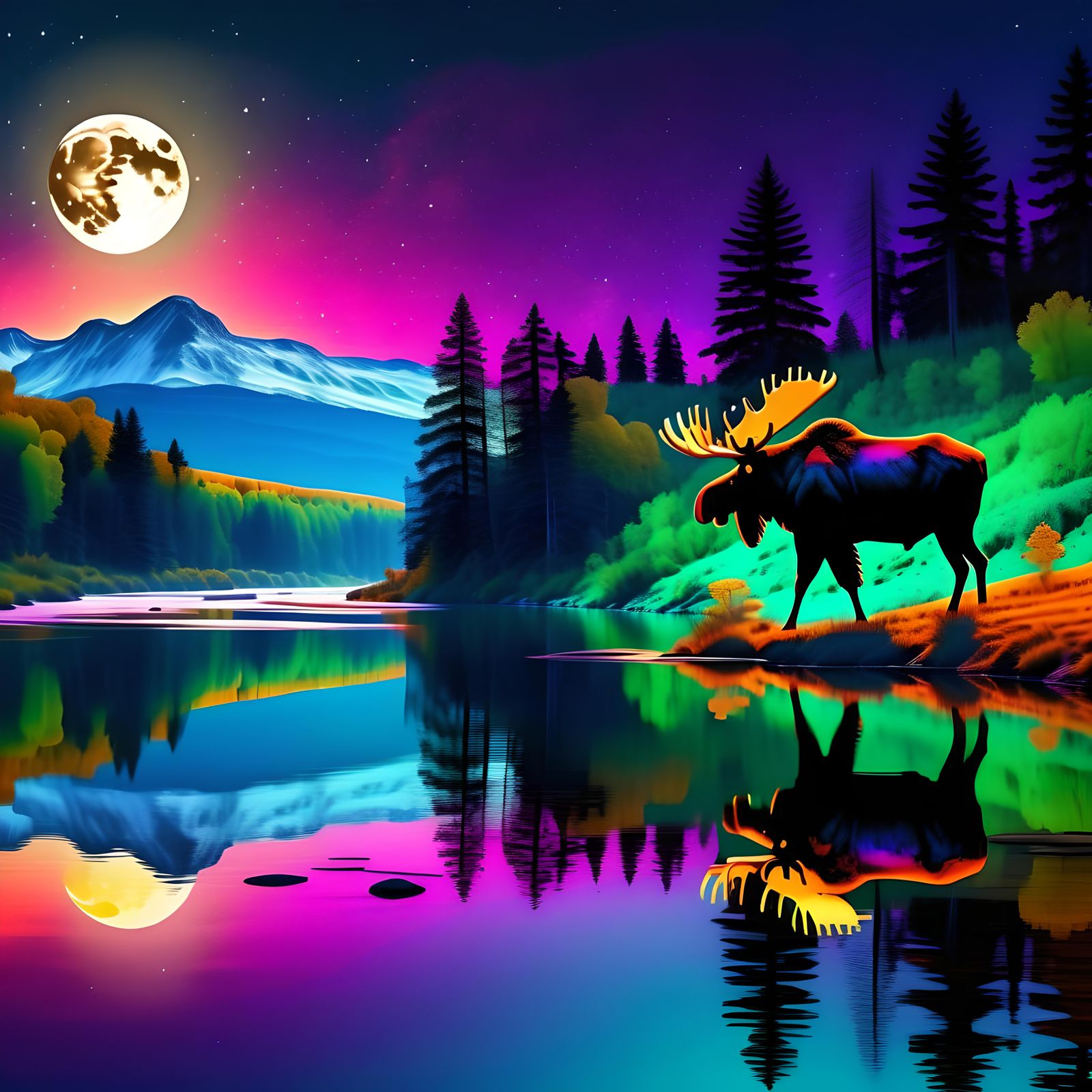 Beaver and Moose Under Vibrant Moonlight