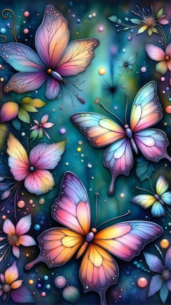 <lora:Whimsical OAI:1.0> Airbrush Painting of colorful magical butterflies