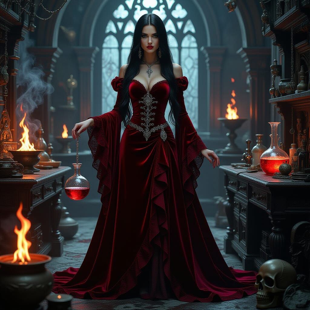 Gothic Woman in Alchemy Lab, Dark Fantasy Art