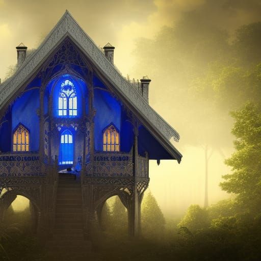Ethereal cobalt blue Gothic treehouse with Gothic windows
