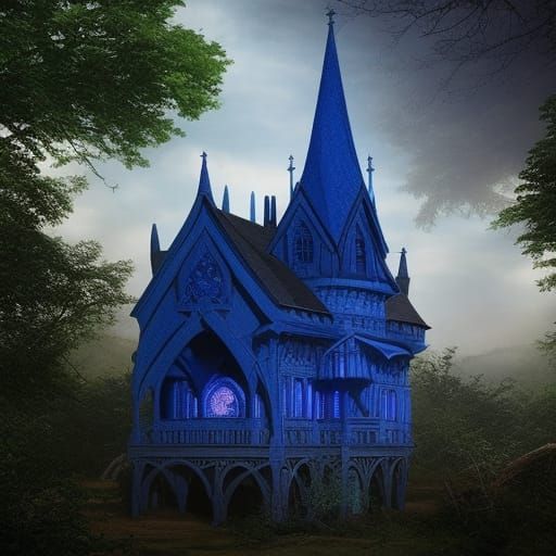 Ethereal cobalt blue Gothic treehouse with Gothic windows