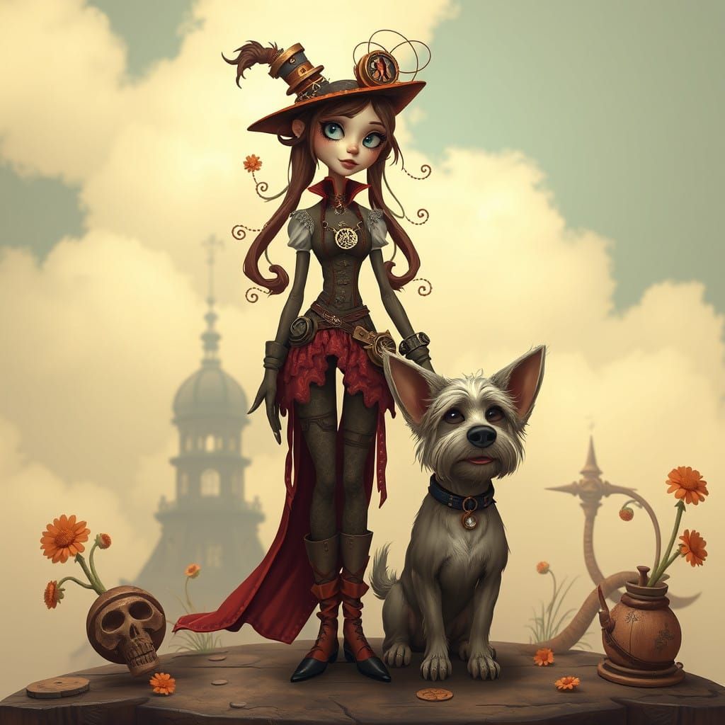 Whimsical Steampunk Lady and Her Scruffy Small Dog