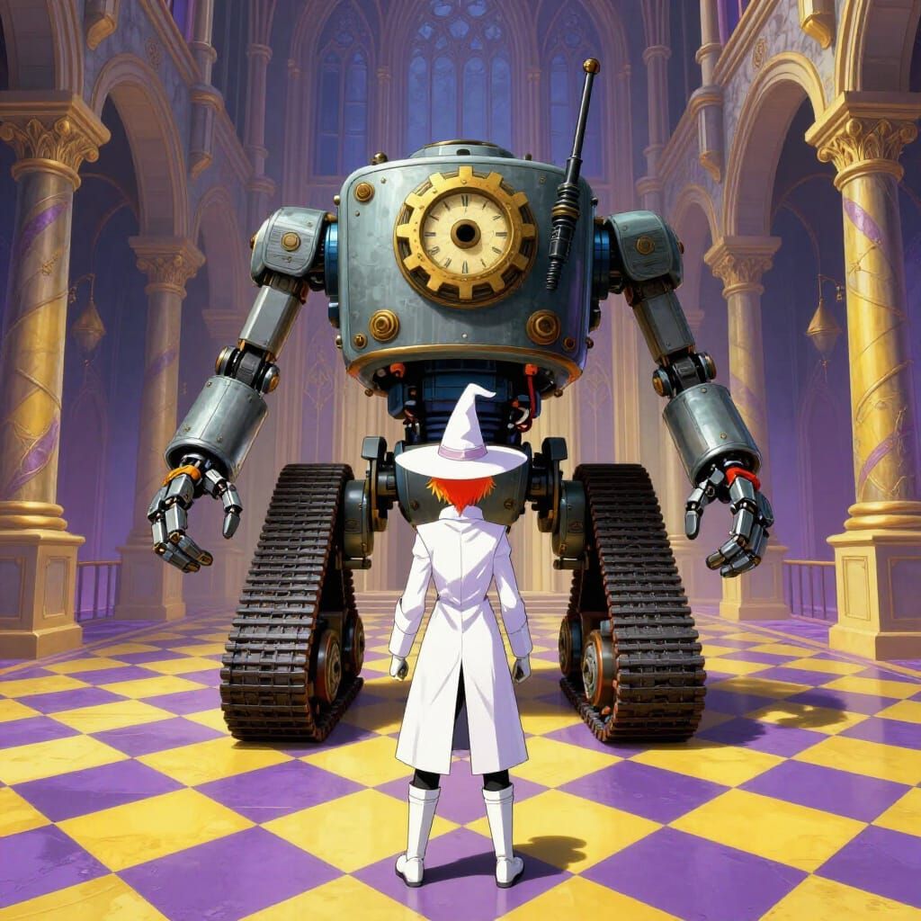 Hero Confronts Robot Boss in Dreamlike Castle Hall