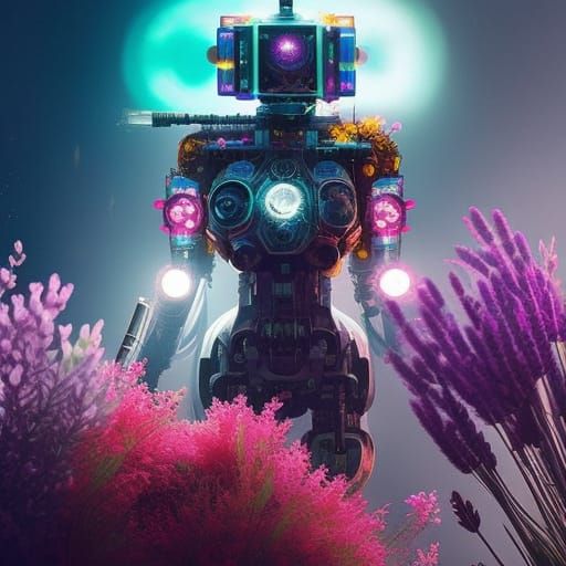Floral Mecha Robot in Rococo Cyberpunk Style