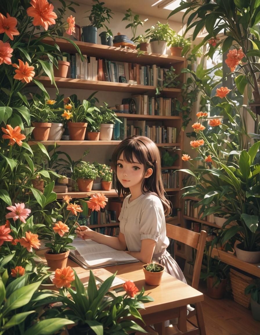 Girl Surrounded by Plants: Manga-Style Digital Illustration