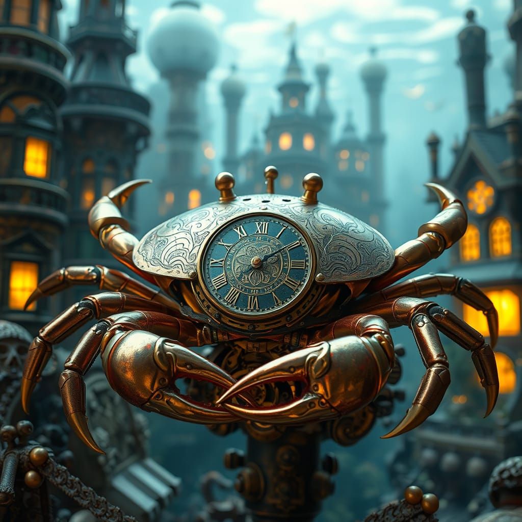 Clockwork Crab in Whimsical Victorian Cityscape