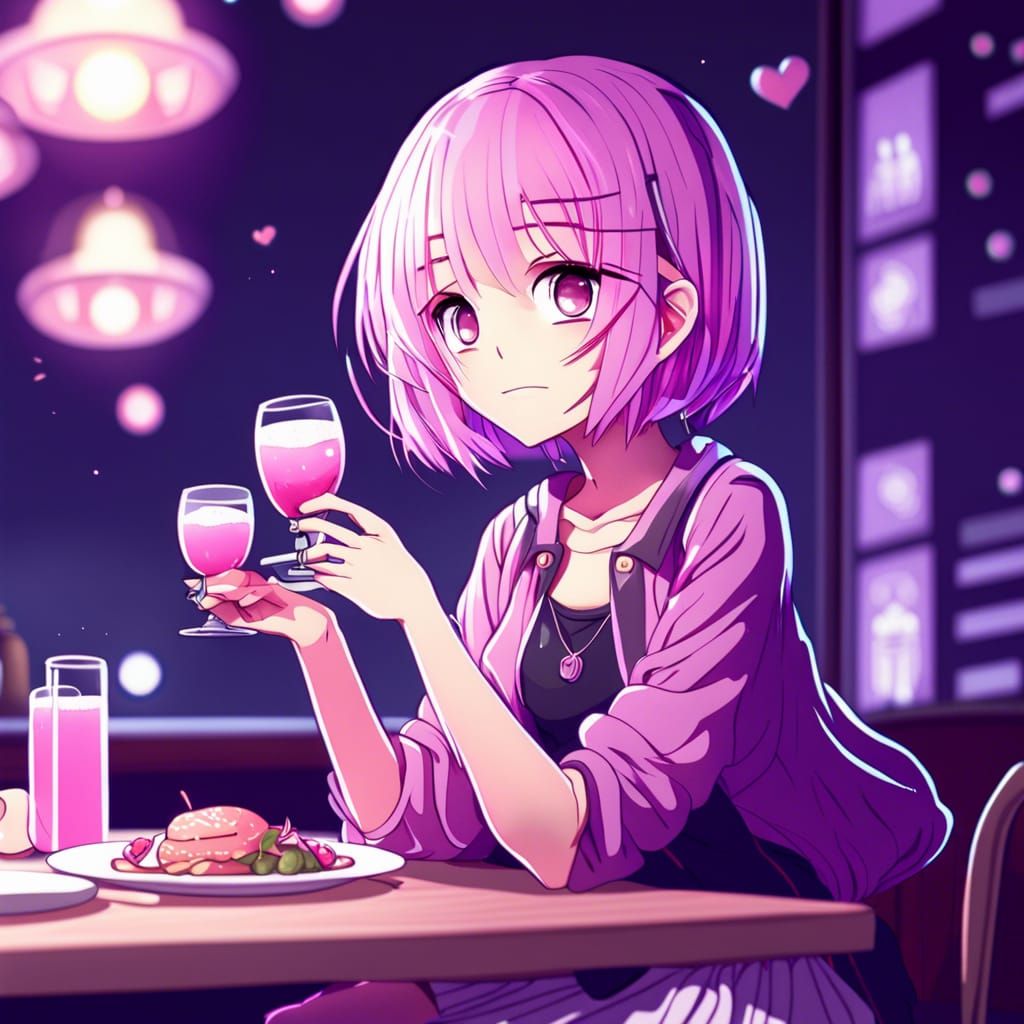 Anime Girls Romantic Dinner with Purple and Pink Hair