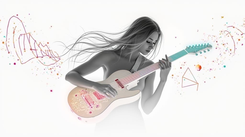 Electric Guitarist on Neon Stage in Op-Art Style