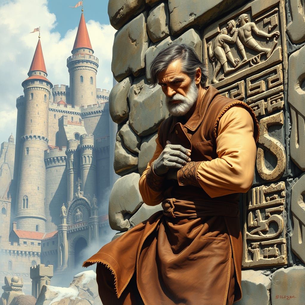 Stone Mason Carving Hieroglyphs in Comic Book Style