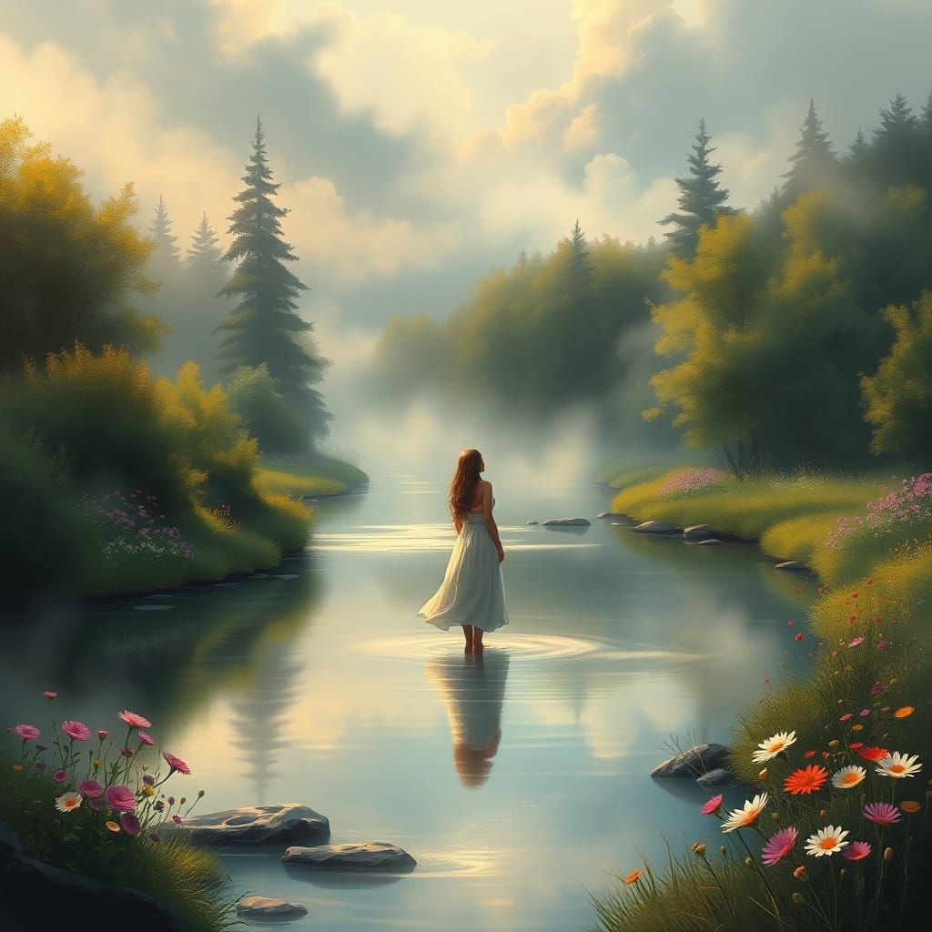 Serene Woman in Enchanted River Landscape