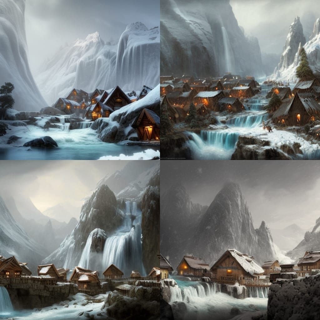 Viking Village on Waterfall in Winter Blizzard