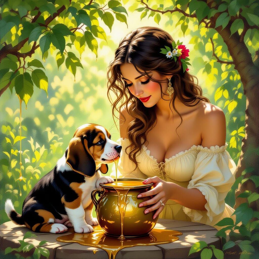 Basset Hound Puppy Steals Honey in Enchanting Sunlight