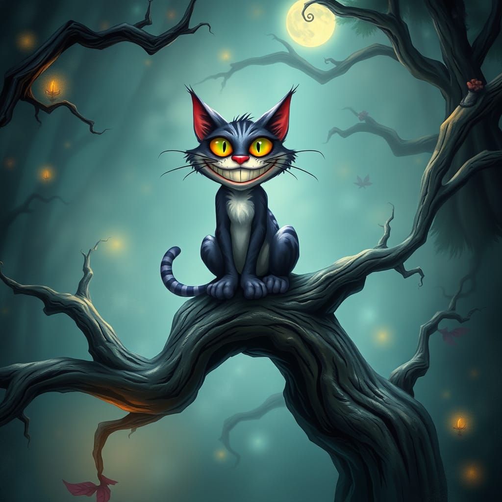 Whimsical Cheshire Cat in a Fantastical Forest