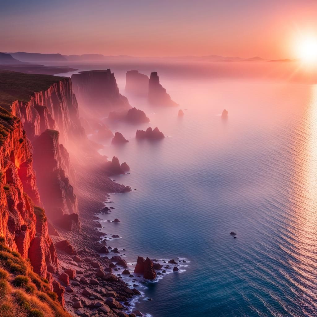 Sunrise Over Misty Sea With Cliffs
