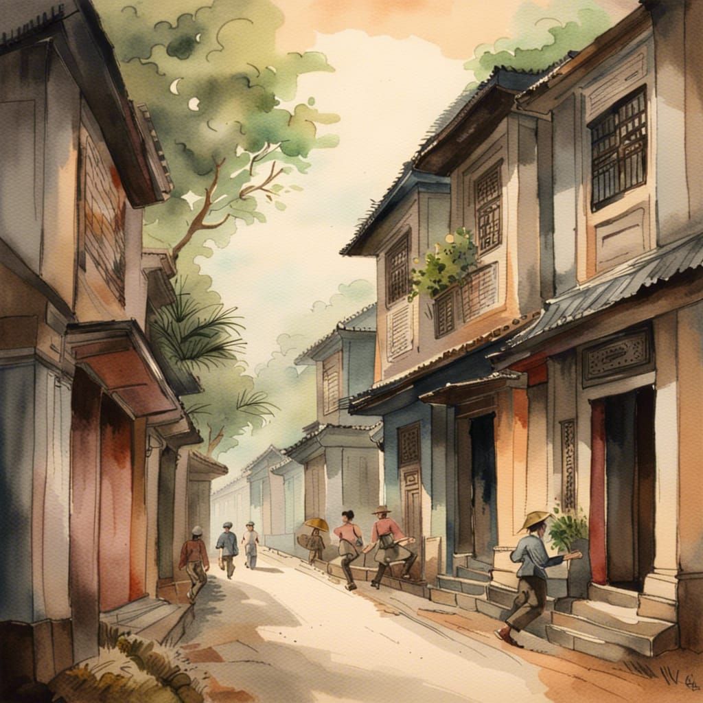 Vintage Vietnamese Street Scene in Watercolor