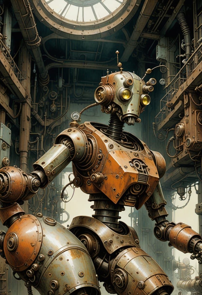 Steampunk Robot in Watercolor, Machinarium Aesthetic