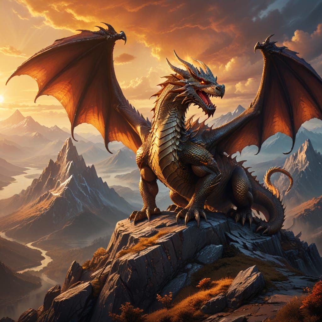 Majestic Dragon on Mountain at Sunset