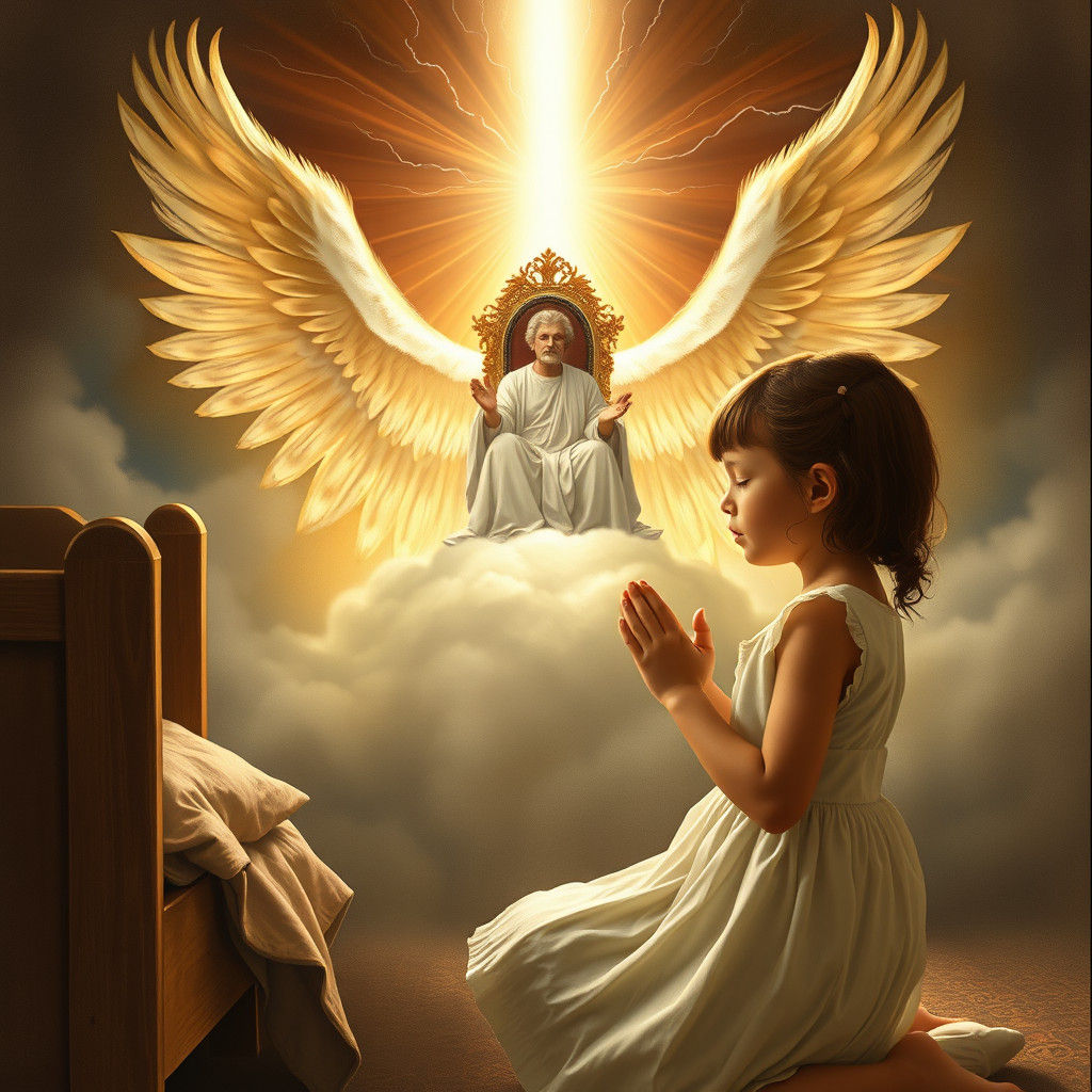 Child Praying with Angel in Pre-Raphaelite Style