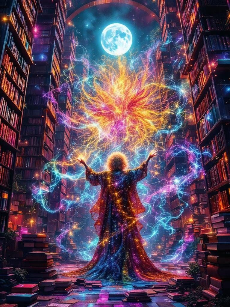 Surreal Library with Narromancer in Ethereal Moonlight